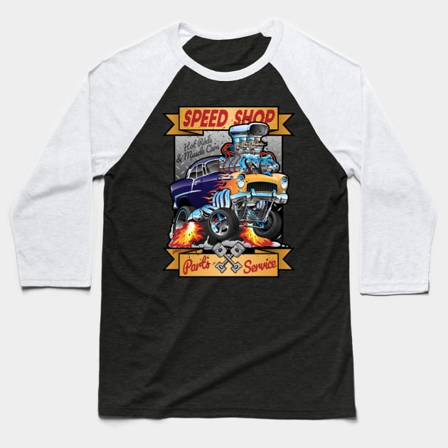 Speed Shop Hot Rod Muscle Car Parts and Service Vintage Cartoon Illustration Baseball T-Shirt by hobrath